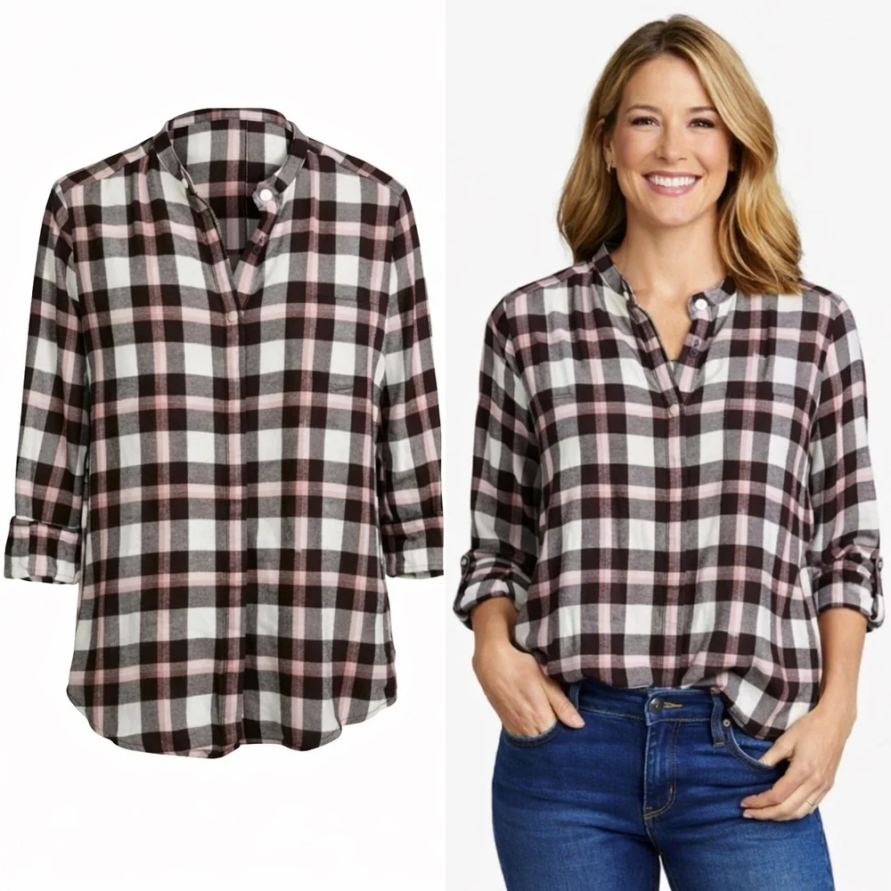 Lands' End Plaid Flannel Blouse | Brown Pink Ivory | Cotton | Medium